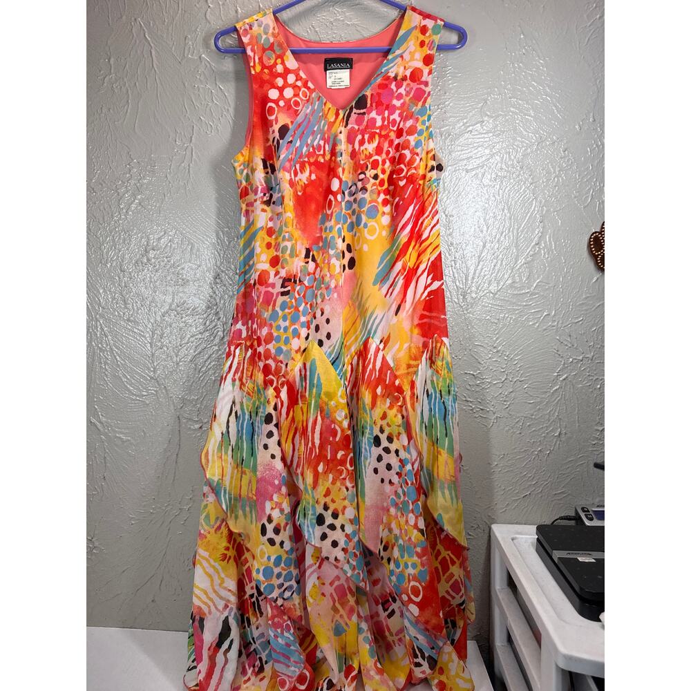 Lasania Womens Made in Canada Hankerchief Sleeveless Dress‎ Watercolors Size 10